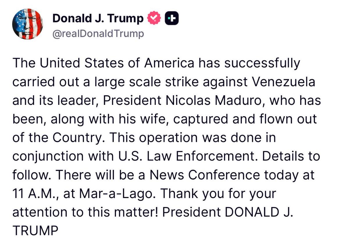 carlaangola's tweet image. Trump confirma que Maduro y Cilia fueron extraídos de Venezuela. 
Trump da rueda de prensa en Mar-A-Lago a las 11am.