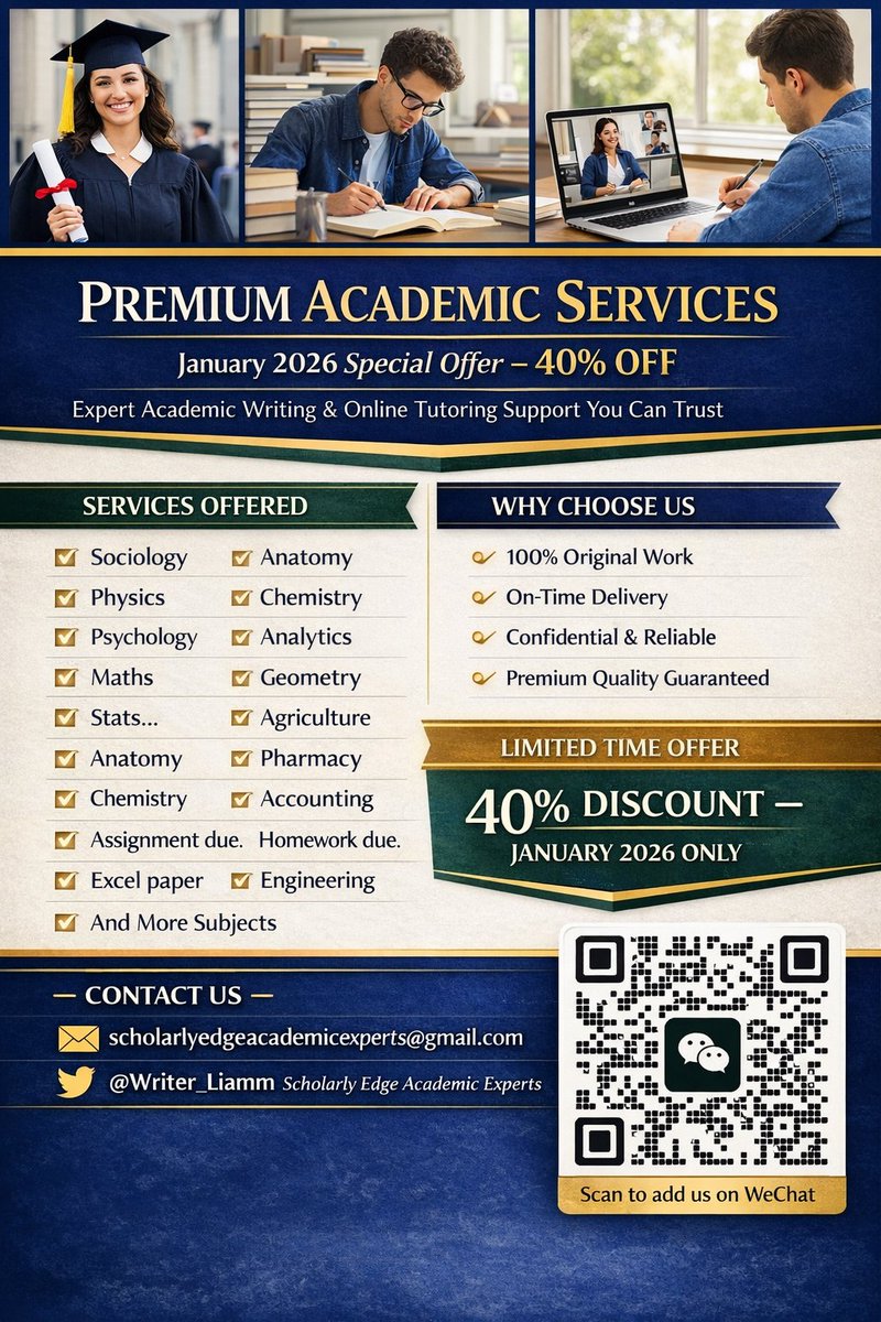 Writer_Liamm's tweet image. 🌟 Spring Semester is here! 🌟
Start strong with 40% OFF on essays, assignments &amp;amp; online class help. Ace your semester with ease! ✍️📚
#SpringSemester2026 #EssayHelp #AssignmentHelp #OnlineClasses #StudySmart #StudentSupport