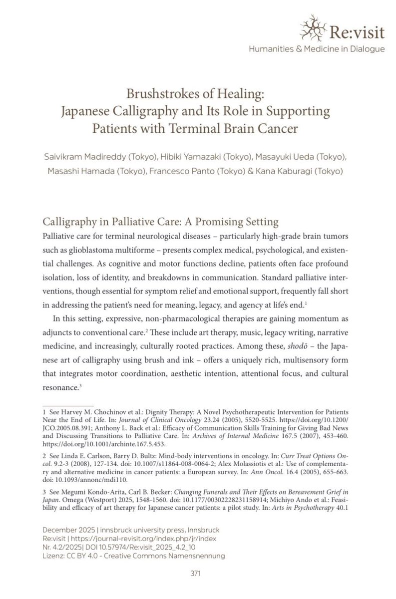 PantoFrancesco's tweet image. このたび、
「Brushstrokes of Healing: Japanese Calligraphy and Its Role in Supporting Patients with Terminal Brain Cancer」
という論文に、共著者の一人として参加させていただきました。

本研究では、日本の書道（shodō）が、終末期脳腫瘍患者における
自己表現
意味づけ
主体性（agency）…