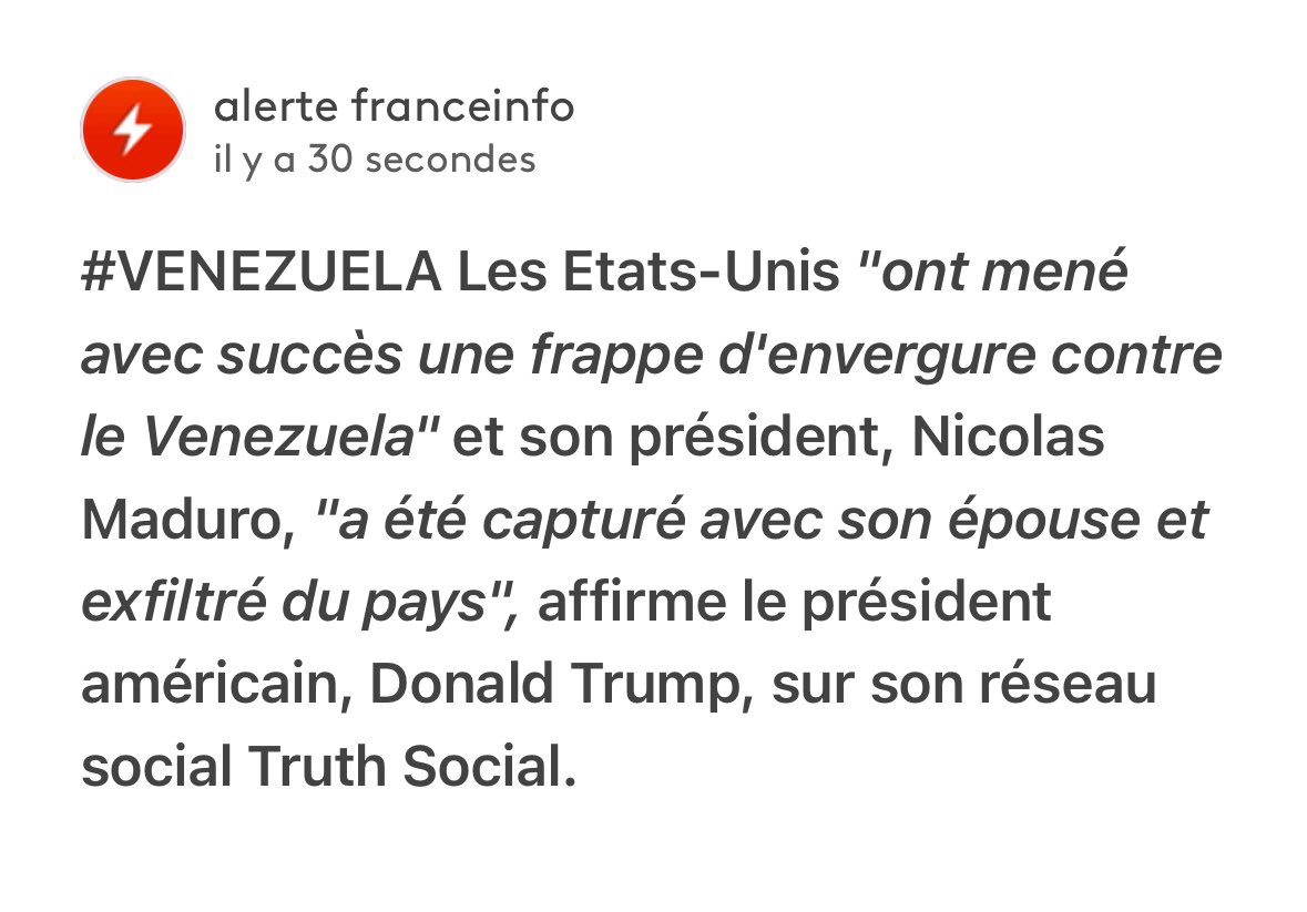 Bombardement d’un pays souverain, enlèvement d’un chef d’État : Trump piétine toutes les règles du droit international. 

Soutien au peuple Vénézuélien face à cette agression terrible contre sa souveraineté !

La France doit condamner avec fermeté ce que fait Trump au #Venezuela.