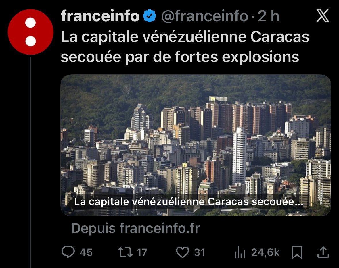 "Trump bombarde des civils d'un autre pays pour obtenir leur pétrole" devient "La capitale vénézuélienne secouée par de fortes explosions"

La fabrique du consentement en marche.
Allez vous faire foutre <a href="/franceinfo/">franceinfo</a>