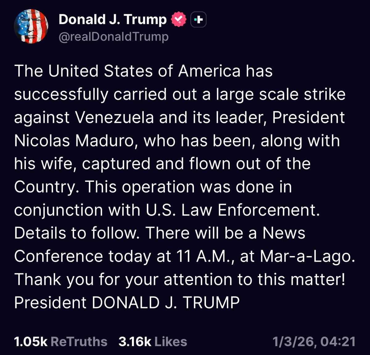 QBPodCafe's tweet photo. 合衆国はベネズエラとその指導者であるマドゥロ大統領に対する大規模な攻撃に成功した。マドゥロ大統領は、妻とともに捕らえられ、国外に移送された。このオペレーションは米国法執行機関と共同で行われた。詳細は後日お知らせする。本日11AMにマール・ア・ラーゴで記者会見を開く

とのこと https://t.co/dgldV3apDP