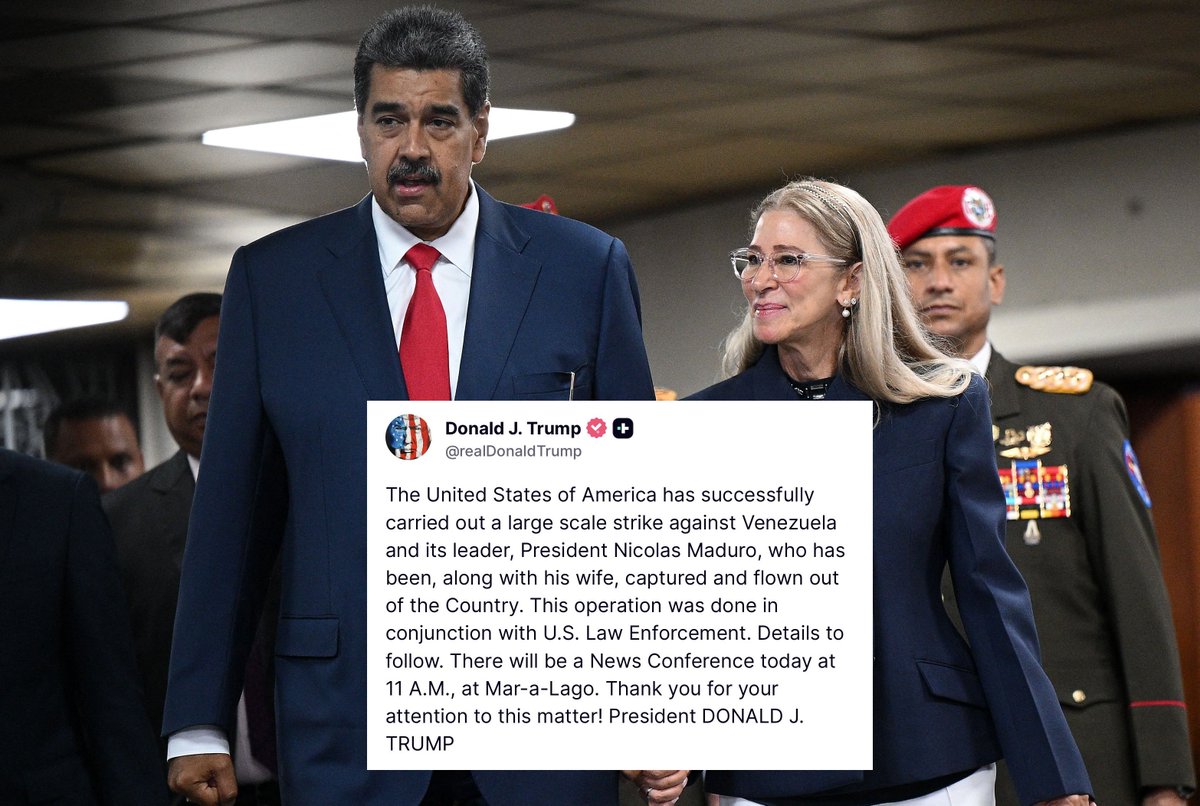 RogerAderly's tweet image. #LOÚLTIMO |  ¡NOTICIA MUNDIAL! NICOLAS MADURO HA SIDO CAPTURADO

Nicolas Maduro fue capturado junto con su esposa y trasladados fuera de Venezuela esta madrugada.