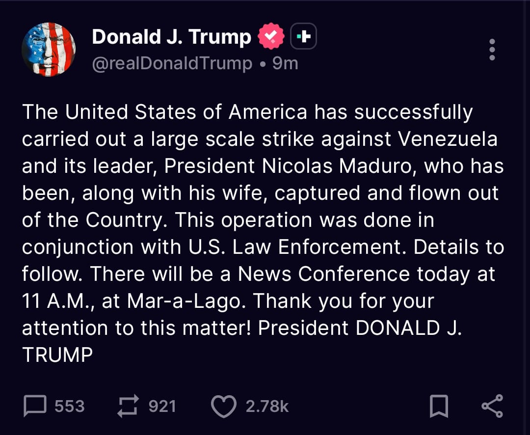 heraldodemexico's tweet photo. 🚨 #AHORA Donald Trump declaró que Nicolás Maduro fue capturado 🇻🇪🇺🇸
Indicó que el traslado se realizó en avión, junto con su esposa, fuera de Venezuela, como parte de una operación en la que participaron fuerzas estadounidenses.
Trump informó que ofrecerá una conferencia de prensa a las 11:00 horas desde Mar-a-Lago.