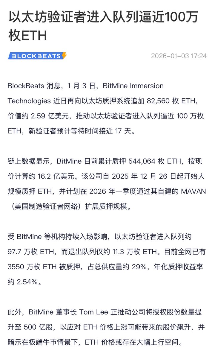 遥想当初冲击5000的时候，排队要退出质押的$ETH 超过了100万，但是花了许久最后还是跌下来了。 这一次排队要进入质押的数据超过100万 个，接下来3个月必将再次冲刺5000了，耐心等待。
