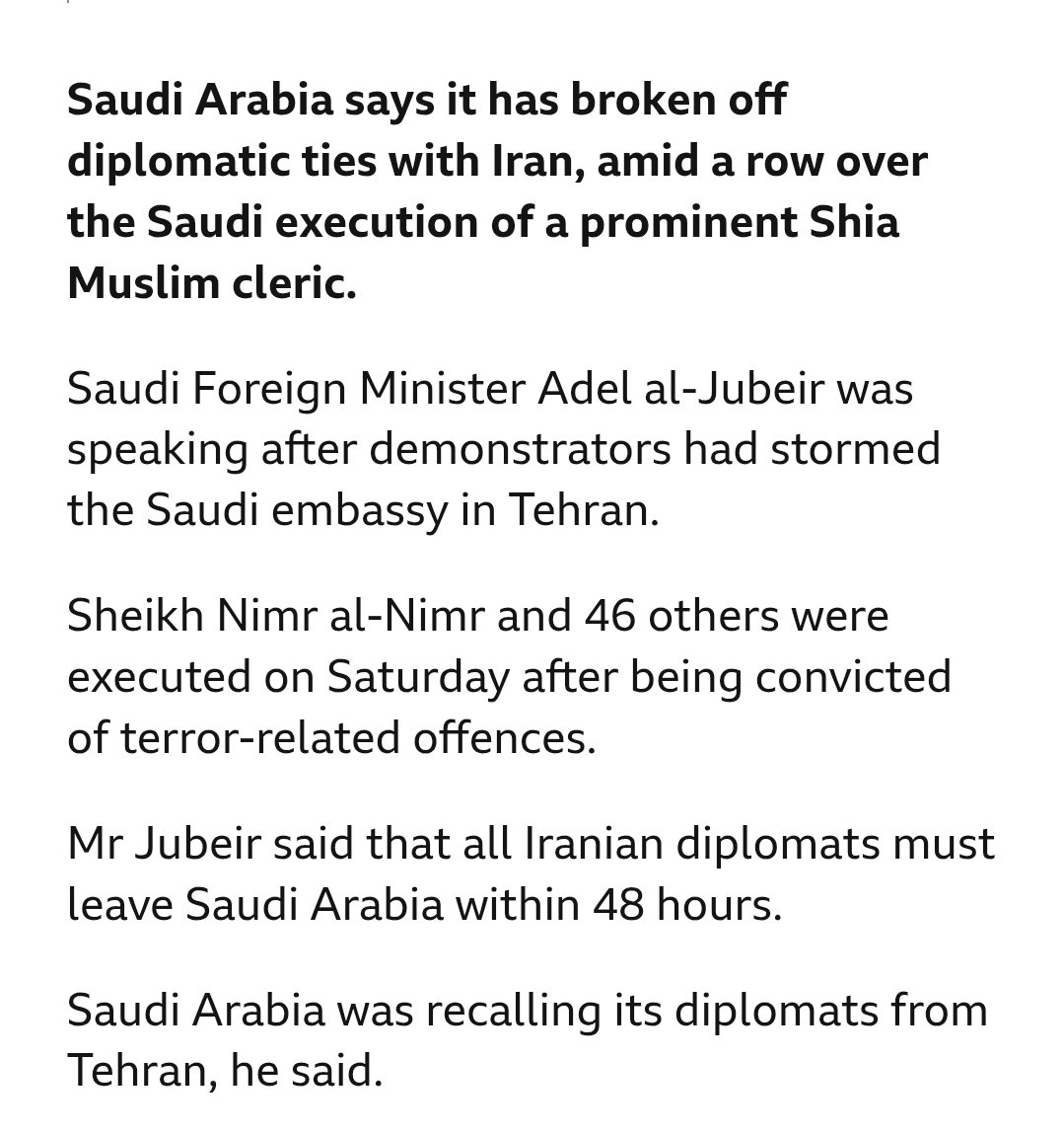 Há exatamente 10 anos, 14 de nivoso de 224

Arábia Saudita e Irã cortam laços após autoridades sauditas executarem o líder xiita Nimr al-Nimr.