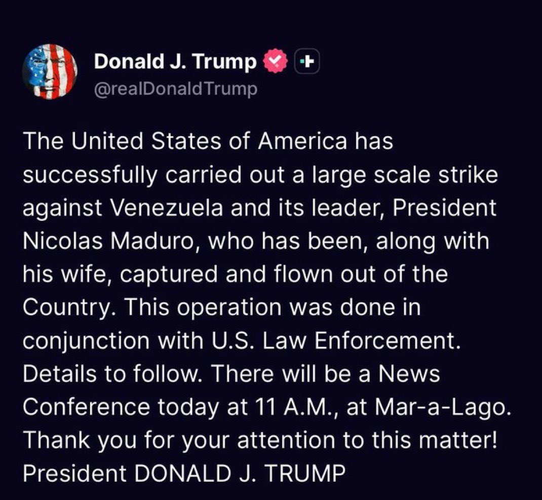 BlueMist911's tweet photo. 🚨MASSIVE BREAKING NEWS🚨

US President Donald Trump announces Venezuelan President Nicolas Maduro has been captured following a large-scale #US strike.

Black Hawk helicopters are reported operating inside Venezuelan territory.
#Venezuela https://t.co/ZKutWzB6f2