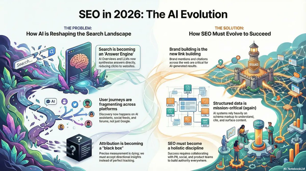 aleyda's tweet photo. 🚀 2026 SEO Roadmap: 14 Specialists on Technical, Content, and Brand for the AI Era - An excellent round-up by @dergal, providing the strategic clarity needed to thrive in the 2026 search landscape, going through:

* SEO Evolution: Traditional rankings fade as AI generates answers; focus on being cited across platforms (AI overviews, social, LLMs) for influence and conversions.

* Brand & Authority: Brands win through consistent mentions, expertise, and trust signals, replacing links as the top currency.

* Technical & Content Shifts: Prioritize structured data, entity optimization, human expertise, and full-stack skills; use AI for efficiency, not shortcuts.

* Challenges & Opportunities: Expect traffic declines, tool consolidation, and agentic search; adapt via experimentation, collaboration, and business-aligned metrics.

* Consensus: SEO isn't dying - it's expanding. Winners build durable foundations amid fragmentation.

Featuring @silvia_smp , Anthony Barone, Iva Jovanovic, @bngsrc, @nathanless , @vanda_lilla @DemiriE @WillKennard @yagmrsmsk  @search_yordan , Natalia Witczyk, Tom Bourlet, ... and yours truly!

Check it out: https://t.co/hKTLkl4J5U 🙌