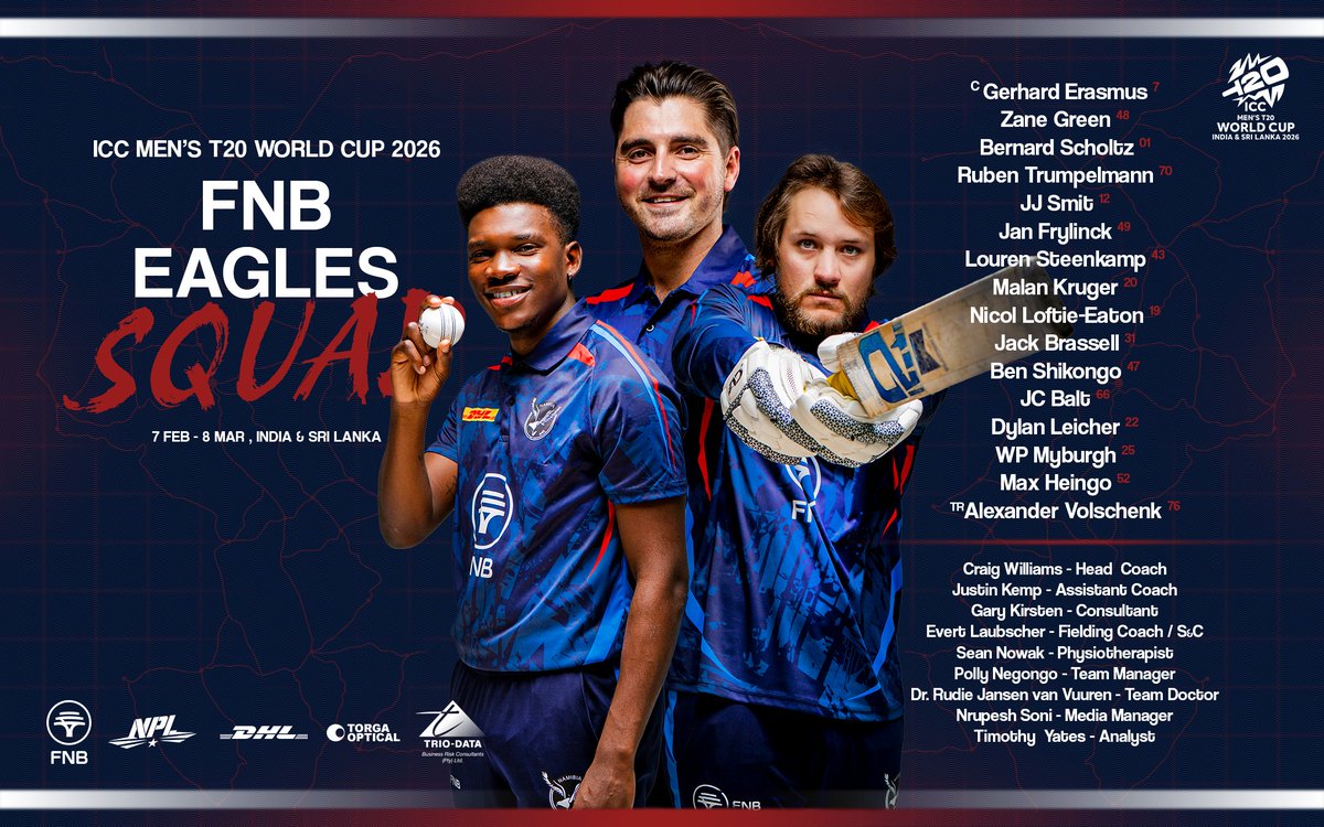 🇳🇦 NAMIBIA – T20 WORLD CUP 2026 SQUAD 🦅

Captain: Gerhard Erasmus
Zane Green
Bernard Scholtz
Ruben Trumpelmann
JJ Smit
Jan Frylinck
Louren Steenkamp
Malan Kruger
Nicol Loftie-Eaton
Jack Brassell
Ben Shikongo
JC Balt
Dylan Leicher
WP Myburgh
Max Heingo
#T20WorldCup #T20WC2026