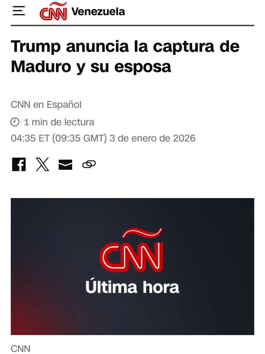 Medios internacionales reportan la captura del genocida jefe del cartel de los soles Nicolás Maduro y su esposa. 

Esos crimales deben pagar por todo el daño hecho a su gente, violaciones a los DDHH, secuestros, desapariciones, homicidios, desplazamientos, protección a grupos