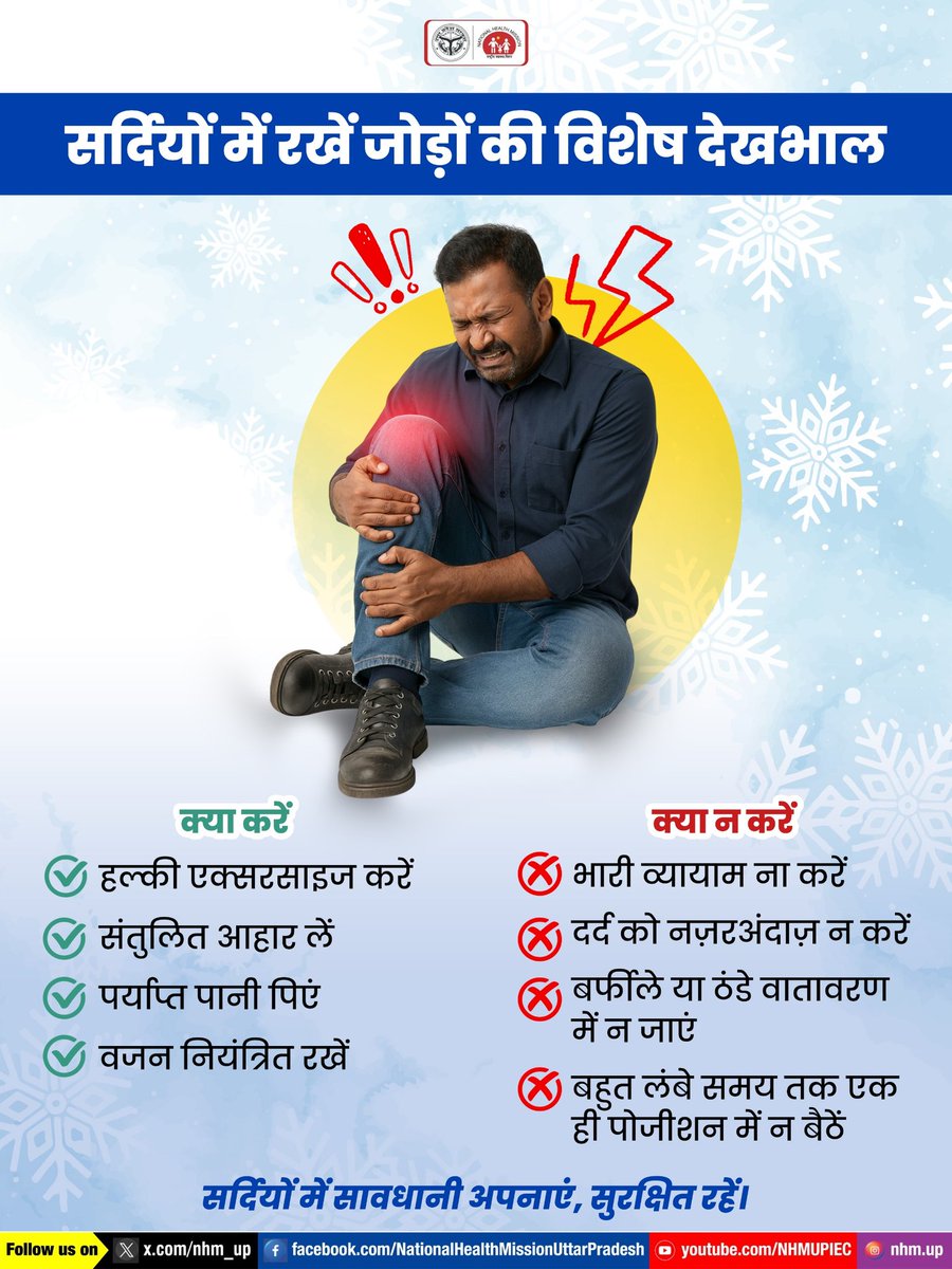 सर्दियों में जोड़ों की विशेष देखभाल करें, हल्की एक्सरसाइज और संतुलित आहार से स्वस्थ रहें! ❄️🦵
joint care tips | winter joint health | arthritis prevention

#JointCare #WinterHealth #ArthritisPrevention