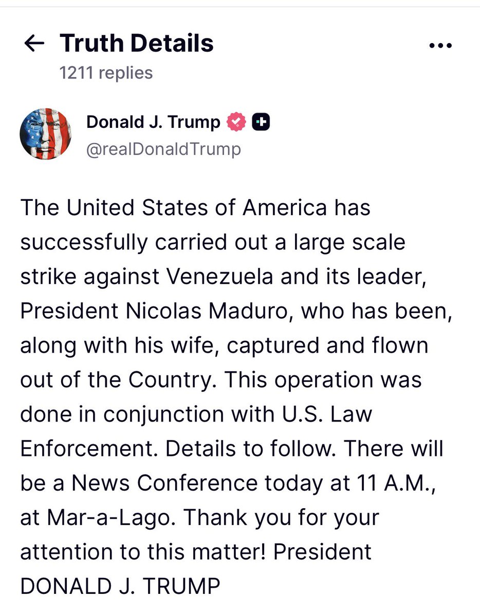 بداية العام الجديد: #ترامب يعلن نجاح الضربة العسكرية ضد  #فنزويلا وإلقاء القبض على الرئيس #مادورو وزوجته ونقلهما جوا إلى خارج البلاد … سيناريو العراق ؟ نفط فنزويلا بيد #الولايات_المتحدة المتحدة  الآن ؟ ننتظر ردة فعل #الصين…
#Trump #venezuelalibre #venzuella
