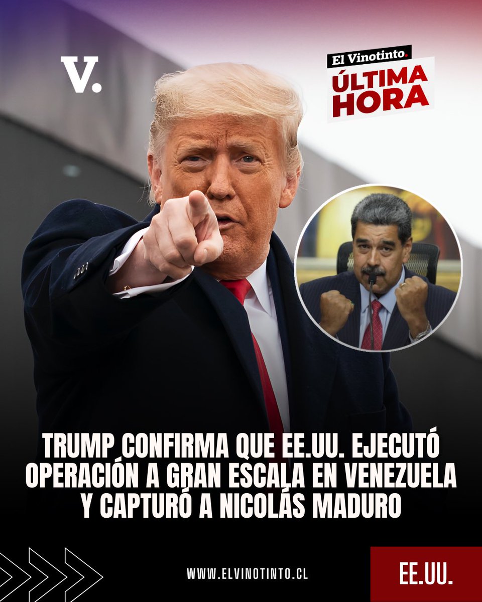 elvinotintocl's tweet photo. 🚨ÚLTIMA HORA🚨

Donald Trump anuncia la captura de Nicolás Maduro y Cilia Flores tras operación de gran escala ejecutada por EE.UU. en Venezuela. https://t.co/ApUSIa077y