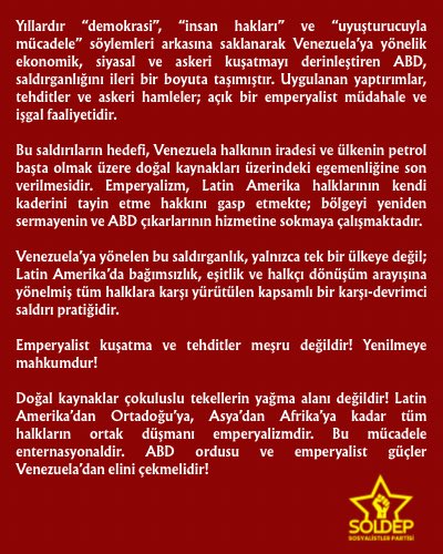 🔴 AÇIKLAMA | ABD EMPERYALİZMİ, VENEZÜELA’DA İŞ BAŞINDA!

Latin Amerika halklarının özgürlük ve eşitlik mücadelesine yönelen emperyalist barbarlığa son!

Yaşasın enternasyonel mücadele!

#venezuelalibre #ABD