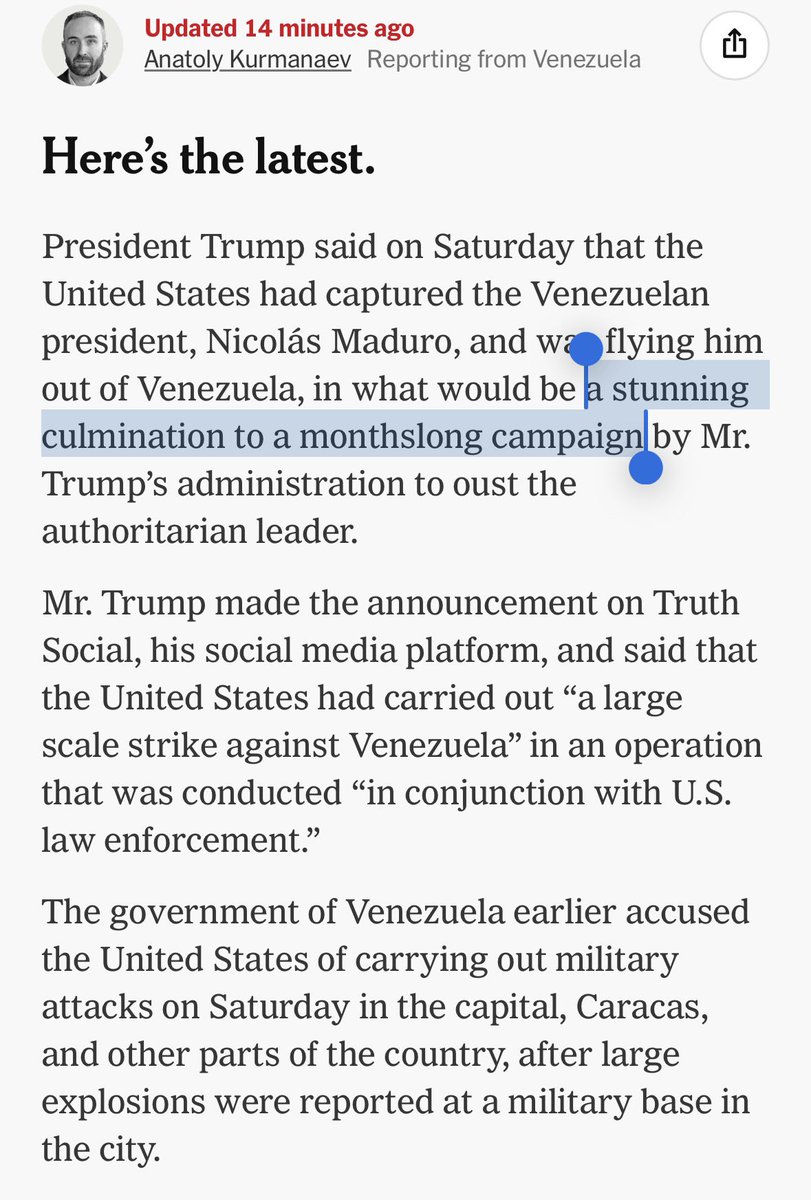 RaniaKhalek's tweet image. Will the media bother to call this criminal act by the Trump administration what it is? 

Bombing a country unprovoked and allegedly kidnapping its leader is illegal, unhinged and depraved. 

So far the New York Times is calling it “a stunning culmination of a months long…