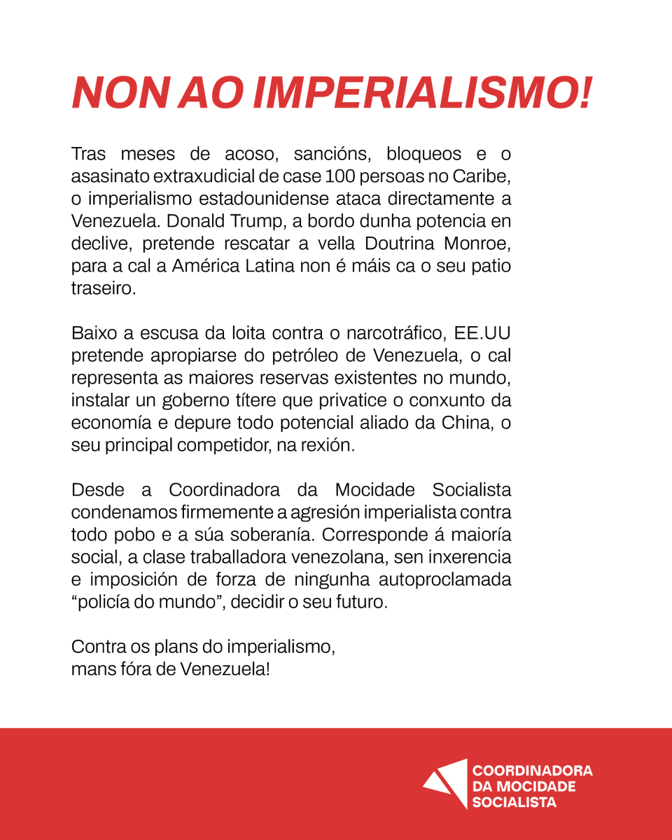 ❗ Hoxe os Estados Unidos atacan directamente a Venezuela. A agresión imperialista non pode quedar impune. Contra os plans do imperialismo, mans fóra de Venezuela!