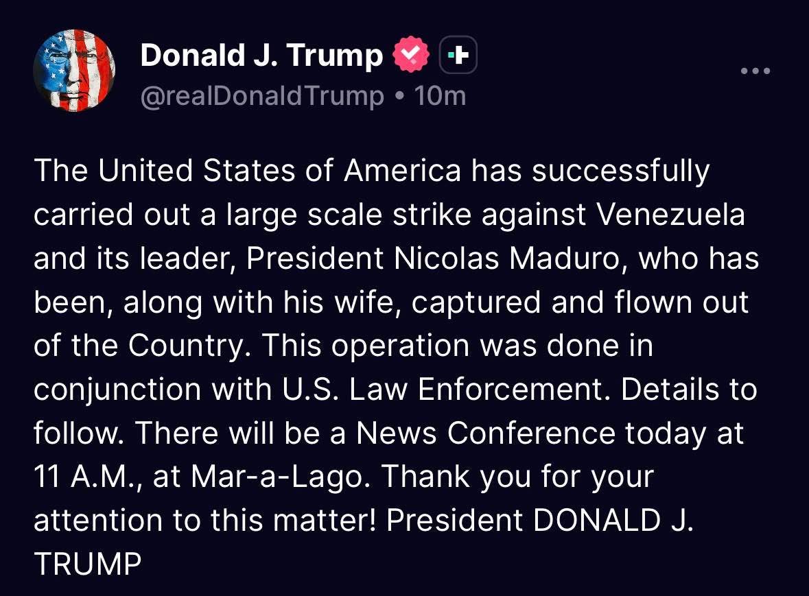 🚨 JUST IN: TRUMP’S VENEZUELA BOMBSHELL! 🇺🇸🇻🇪
“Maduro &amp; wife captured &amp; flown out!” - <a href="/realDonaldTrump/">Donald J. Trump</a> Markets wild: Oil spiking, defense stocks up. Watch US Treasuries – flight-to-safety could tank yields! 📉
#MaduroCaptured #Venezuela #TrumpStrike #MarketResponse