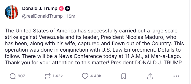 MalMenor_Peru's tweet image. El presidente de Estados Unidos, @realDonaldTrump, anunció a las 4.21am (Hora de New York) la captura de Nicolás Maduro y su esposa, a los que se está sacando de Venezuela, tras un bombardeo a la capital de ese país, descrito como un "golpe a gran escala". #Venezuela