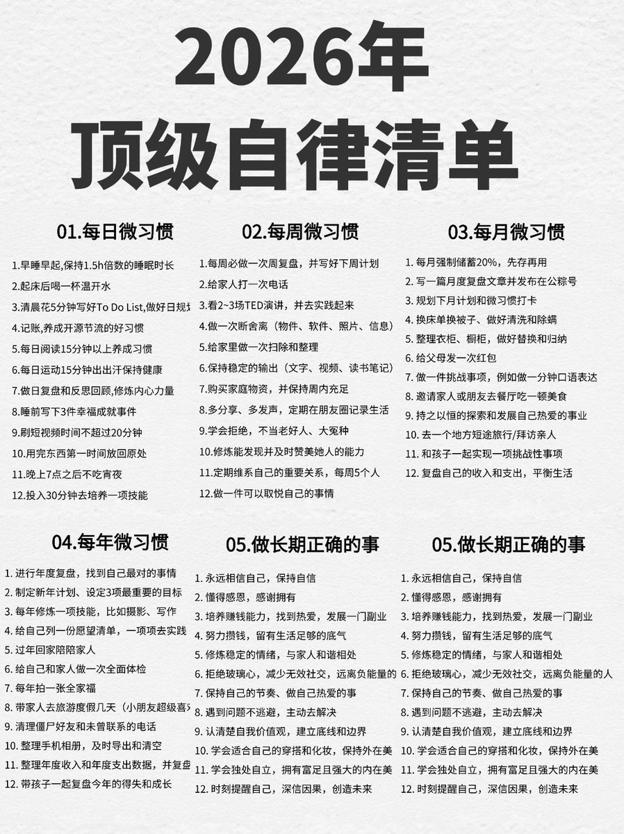 这份《2026 顶级自律清单》之所以值得收藏， 
不是因为它列了几十条任务， 
而是因为它提醒了我们：  

⭐ 你能做到的小事，决定了你能变成的人。  

每天 1% 的调整， 
每周一次复盘， 
每月一次挑战， 
每年一次回头看人生方向…  

这些不起眼的行为， 
会在未来给你最踏实的安全感。  

📌