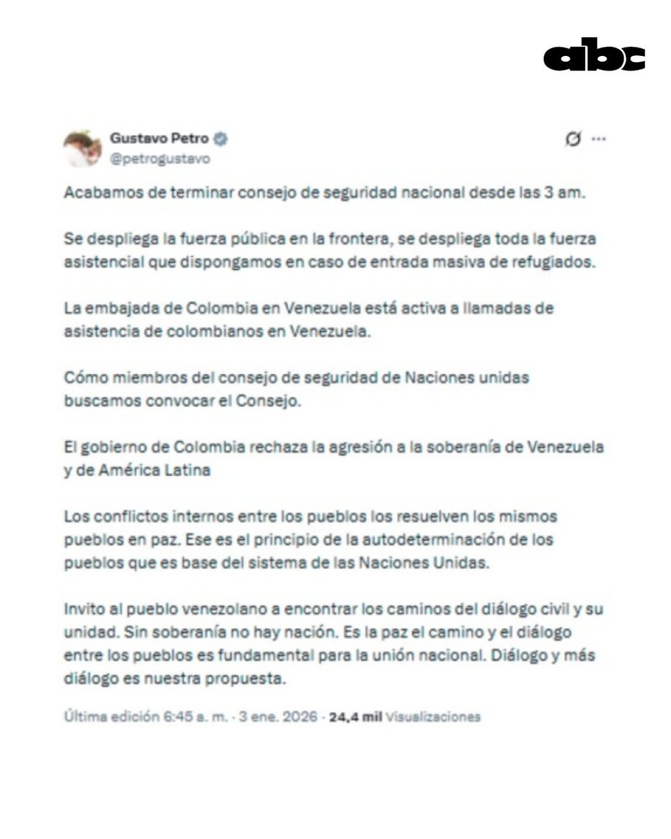 #ABCMundo| Gustavo Petro, presidente de Colombia, se pronuncia tras los ataques de Estados Unidos a Venezuela.

Se ponen a disposición para asistir a colombianos que se encuentren en Venezuela a través de su  embajada en dicho país.

"Diálogo y más diálogo es lo que proponemos",