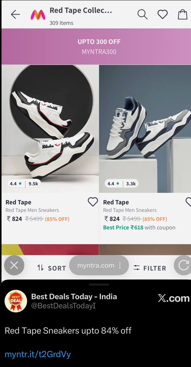 Nikitalovi's tweet photo. Scrolling X casually and suddenly saw a post about Red Tape sneakers at 80%+ off on Myntra.
This is how most of my shopping ideas start now.
Not searching, just discovering deals randomly while scrolling.
#箱根駅伝 #StrangerThings5 #patlama #StrangersThings5 #conformitygate https://t.co/Gp1k1uGAE3