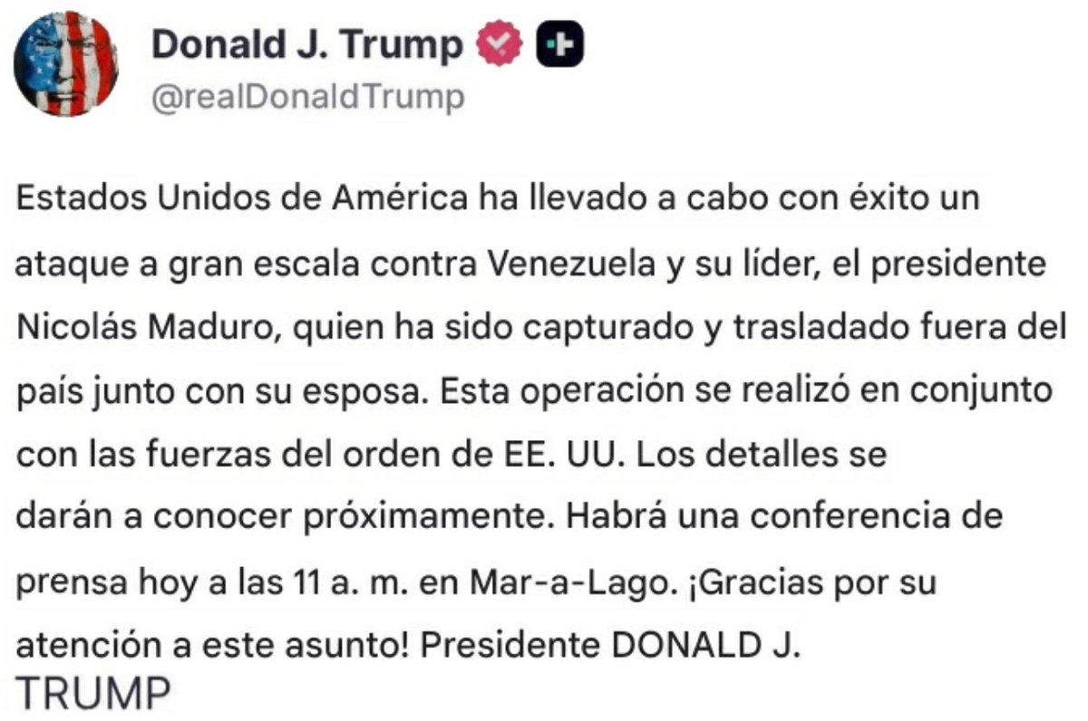 jcfranco35's tweet photo. #3Ene #ULTIMAHORA Toda Venezuela - Cayó Maduro

Donald Trump, en su red social: 

👉".. 💩Nicolás Maduro, quien ha sido capturado y trasladado fuera del país junto con su esposa"

#Bombardeo https://t.co/nXeVFTVm06