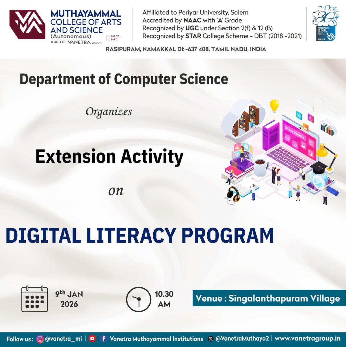 VanetraMuthaya2's tweet image. 💻 Digital Literacy Program

Organized by the Dept, of CS, MCAS, as an Extension Activity to promote digital awareness and skills among rural communities.
🗓️9.1.26 | ⏰10.30 AM
📍Singalanthapuram Village

#DigitalLiteracy #MCAS #ExtensionActivity #DigitalEmpowerment #Vanetra