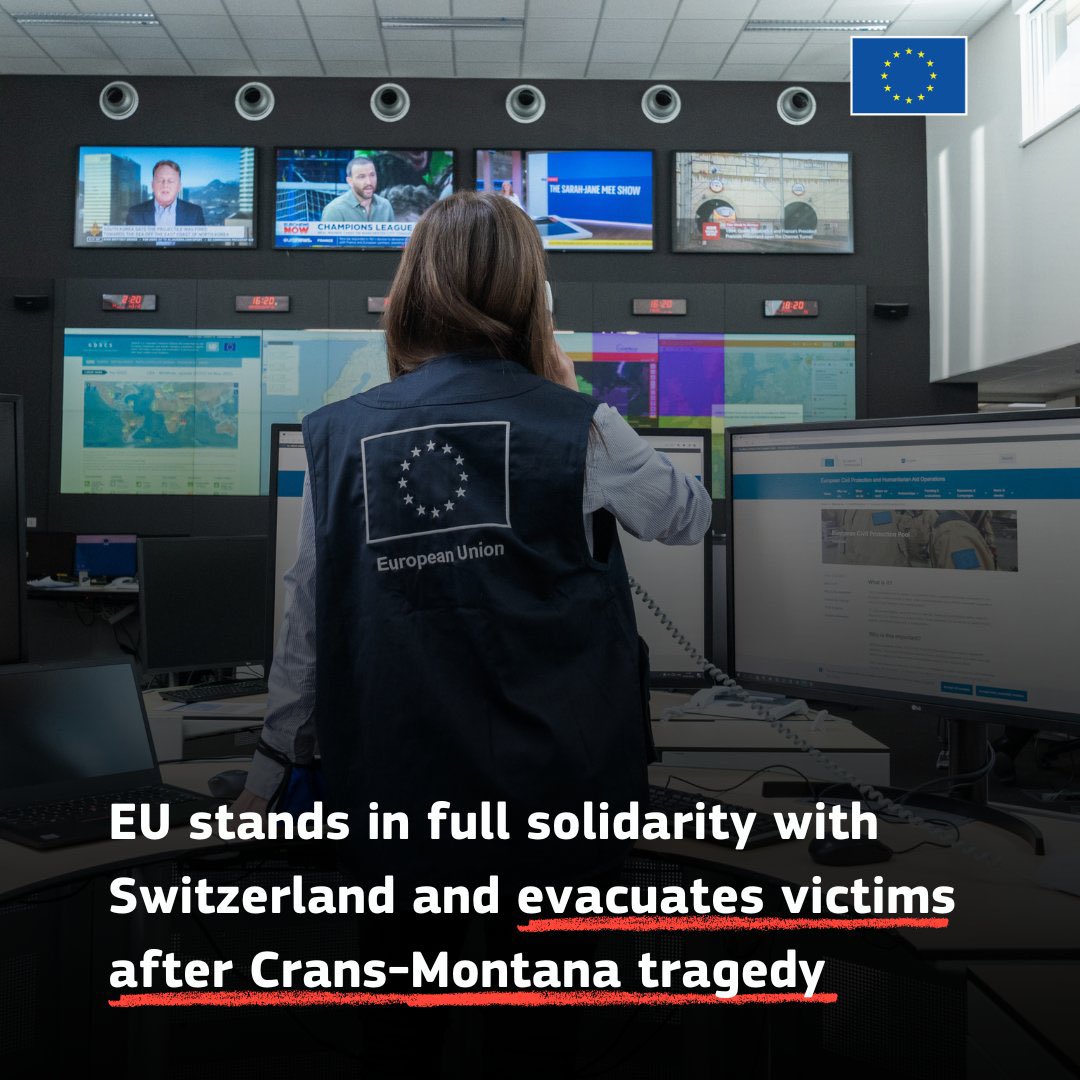 L’UE est pleinement solidaire de #Switzerland , renforçant son soutien via le mécanisme de protection civile.

Les patients sont évacués pour recevoir des soins spécialisés 🇧🇪🇫🇷🇩🇪🇮🇹 dans les hôpitaux des grands brûlés.
La solidarité est toujours en marche.