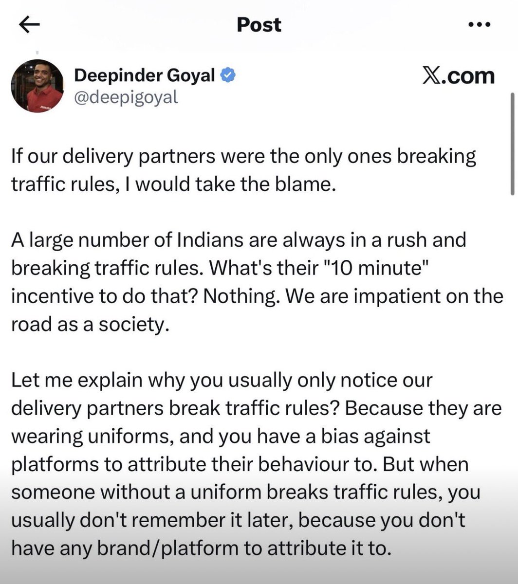 MeghaUpadhyay_'s tweet photo. Blaming “society’s impatience” to justify 10-minute delivery isn’t leadership.
When speed is rewarded, safety is compromised. Delivery partners rush because the system demands it.
If saving minutes risks lives,
the problem isn’t people it’s the model.
@deepigoyal #thisiswrong https://t.co/OEcW9CFkcx