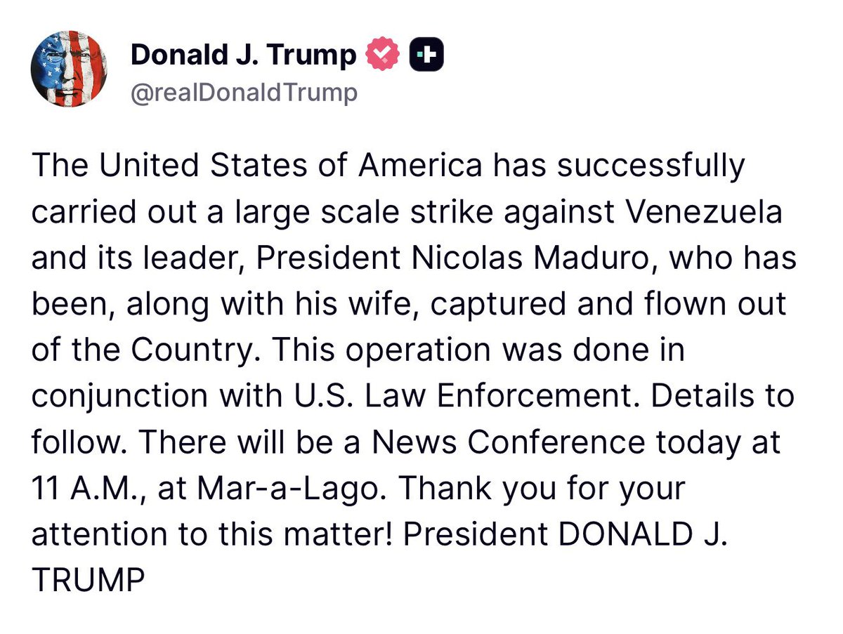 guzman308's tweet photo. 🚨🇺🇸🇻🇪URGENTE: EL PRESIDENTE TRUMP CONFIRMA QUE EL NARCOTERRORISTA NICOLÁS MADURO HA SIDO CAPTURADO: 

“Estados Unidos de América ha llevado a cabo con éxito un ataque a gran escala contra Venezuela y su líder, el presidente Nicolás Maduro, quien, junto con su esposa https://t.co/Q1Zu8UcTXl