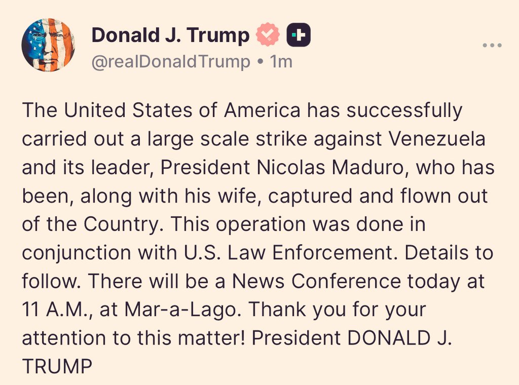 MwangoCapital's tweet photo. U.S. President Donald Trump says that the United States has carried out a large scale strike against Venezuela, saying President Nicolás Maduro and his wife were captured and flown out of the country: https://t.co/3YuzTaAcpr