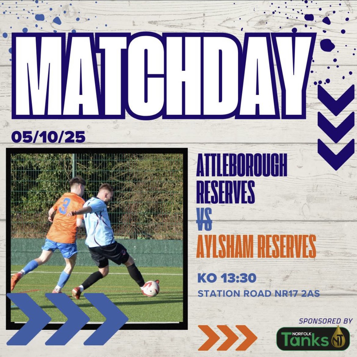 MATCHDAY! 🟠🔵

⚽️ vs <a href="/AttleboroTownFC/">Attleborough Town FC</a> Reserves
🏆 <a href="/AnglianCom/">Fosters Solicitors Anglian Combination</a> Division 3 North
📍 Station Road, NR17 2AS
⏰ 13:30 KO

Our first game of 2026 awaits!
