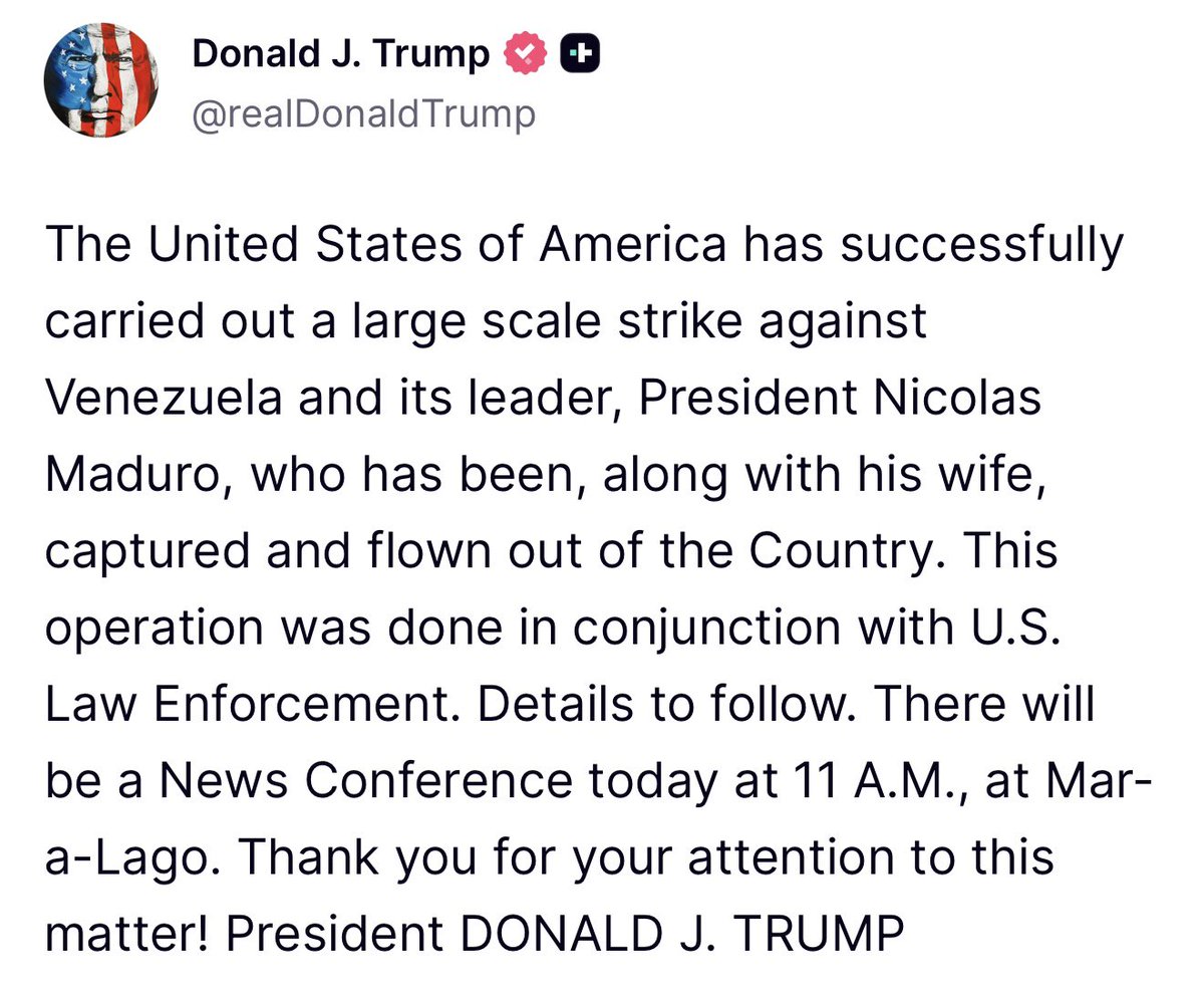 🚨 INVESTING : Trump annuncia la cattura del presidente venezuelano Nicolas Maduro e di sua moglie a Caracas: conferenza stampa alle 11AM a Mar-a-Lago.