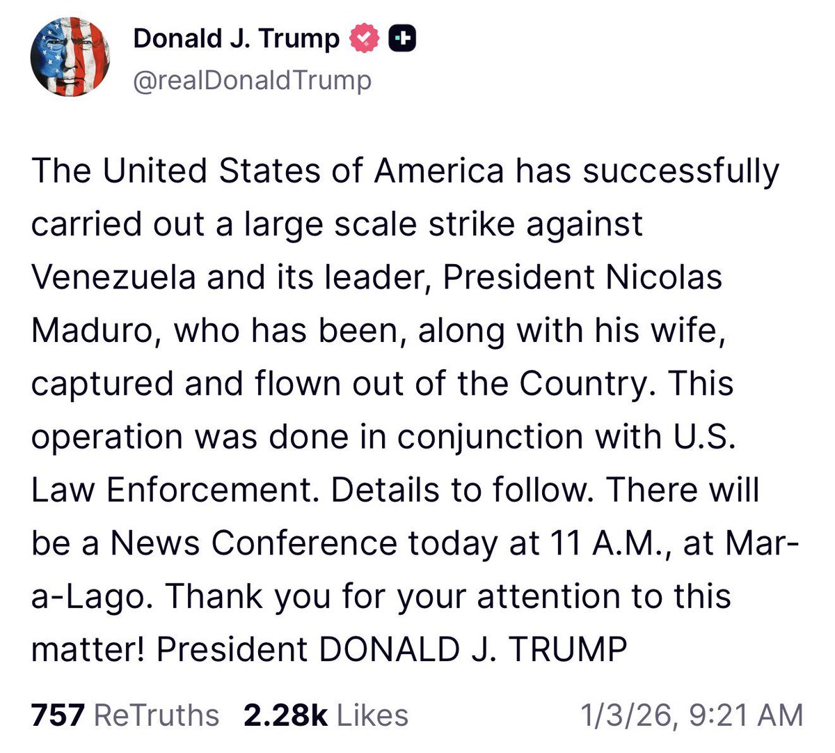 DenenTim's tweet image. BREAKING: President Trump says American troops captured Venezuelan president Nicolas Maduro and his wife and flew them out of the country