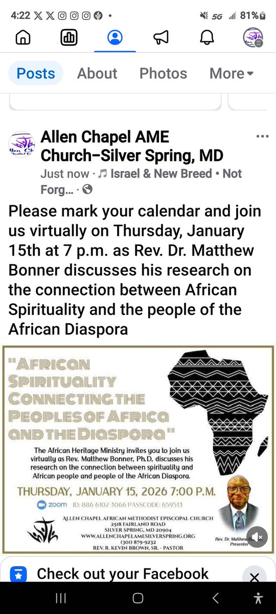 ACSSMD's tweet image. Please mark your calendar and join us virtually on Thursday, January 15th at 7 p.m. as Rev. Dr. Matthew Bonner discusses his research on the connection between African Spirituality and the people of the African Diaspora