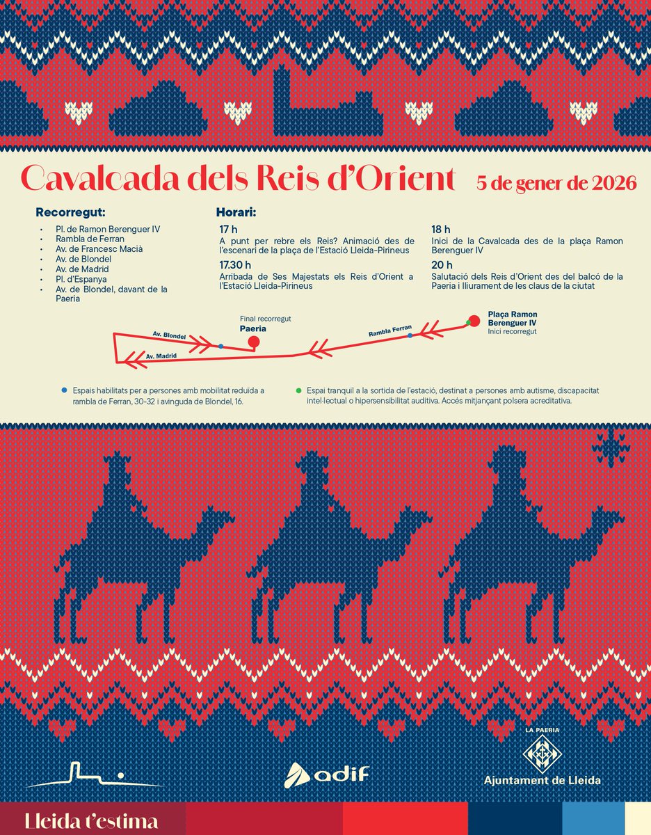 ✨ Aquest és el recorregut de la Cavalcada dels Reis d’Orient 2026!

🎉 Vine a viure la màgia el 5 de gener i acompanya Ses Majestats pels carrers de Lleida.

📍 Consulta el mapa i prepara’t per una tarda plena d’il·lusió!