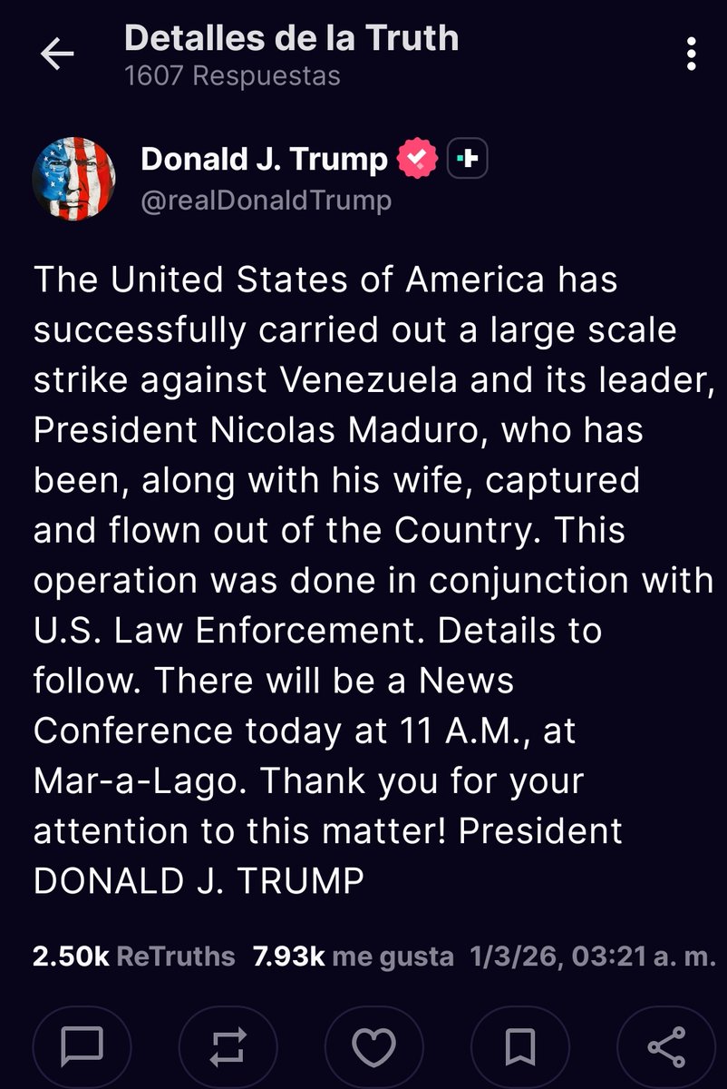 ManueldJesusSA's tweet photo. @Jesus08903 @eduardomenoni Es real, lo posteo el Presidente Donald J. Trump en su red social Truth Social https://t.co/9UemL1hJcU