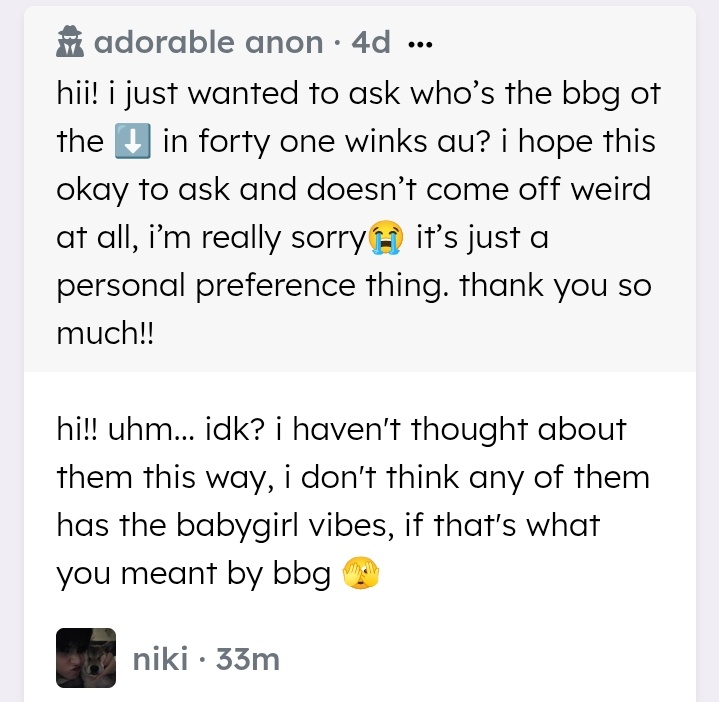 ynbfic's tweet image. sorry anon, but my mind wasn't thinking about dynamics when making 41 winks 😭