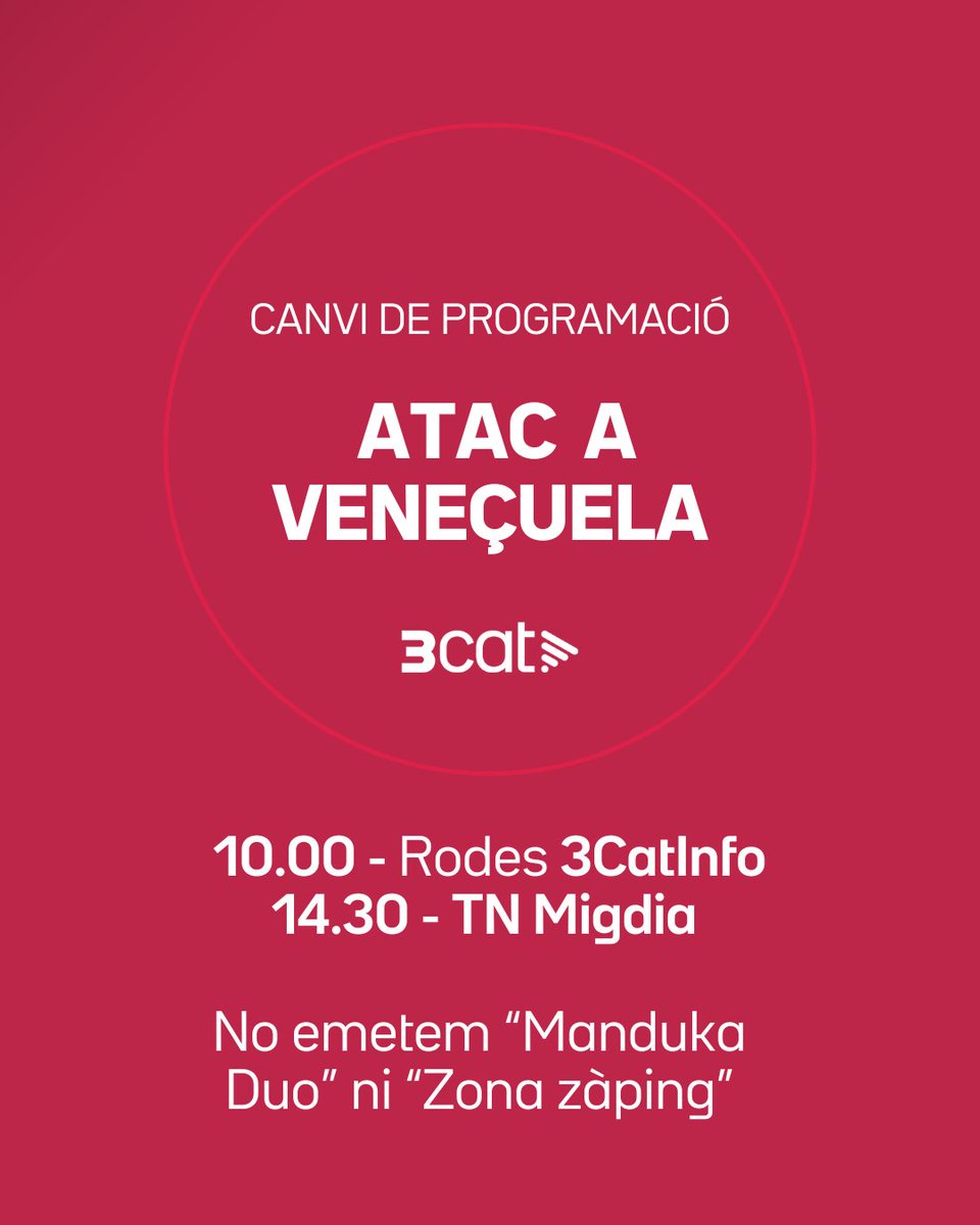 som3cat's tweet image. ⚠️ A causa de les últimes notícies sobre Veneçuela, alterem la programació d'aquest dissabte a TV3 i 3Cat #3CatInfo