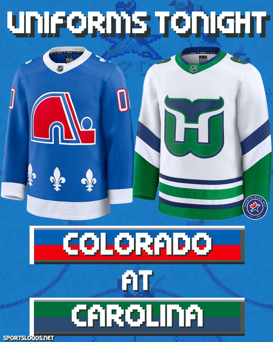 sportslogosnet's tweet image. It's a uniform matchup so beautiful they should have sent a poet. Tonight, the Carolina Hurricanes will host the Colorado Avalanche with both clubs wearing the uniforms of their past homes - the Quebec Nordiques and Hartford Whalers. What do you think, is this fair or foul?