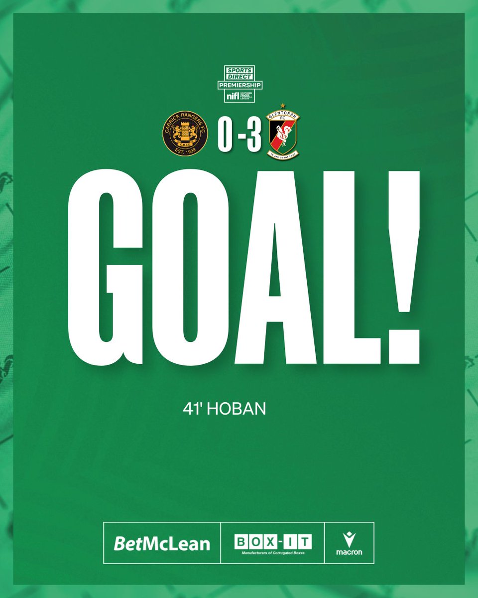 41' GOAL!! First half hat-trick for Hoban!!! ⚽️
[0-3]

#CARGLE #COYGlens 🐓💚