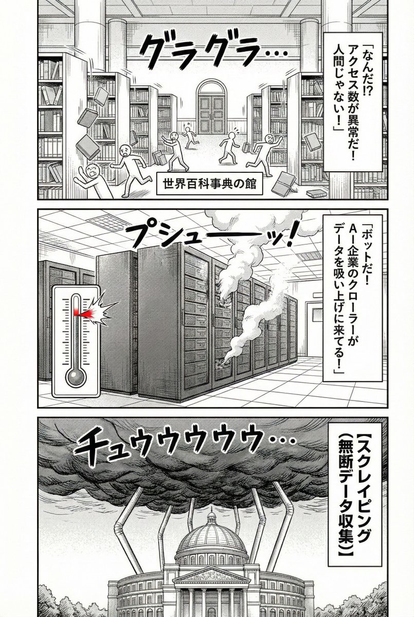 _596_'s tweet photo. 【悲報】Wikipediaが「消滅」するかもしれません。

ついにWikiがAI企業にブチ切れた。

「いつも無料で使える」と思っているあなた、
その常識が崩壊しつつあります。 

今、裏側で起きているのは、
時価総額4兆ドルのAI企業による

「知識のタダ乗り」と、
それに伴う「インフラ破壊」です。

年間270億円の運営費が限界を迎えつつあるWiki
やっと重い腰を上げて、AI企業に戦いを挑みました。

（続く１