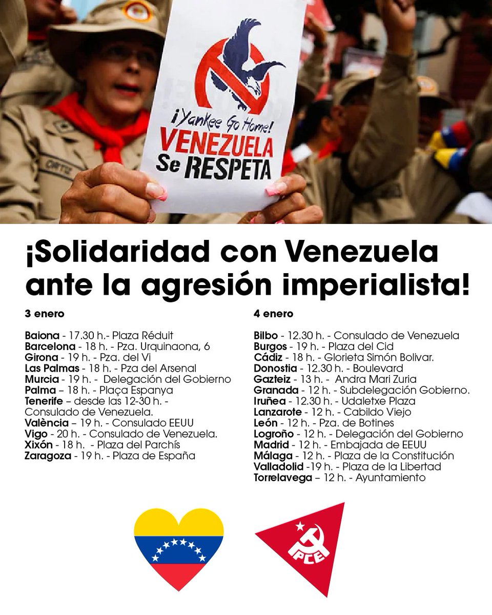 ‼️Esta agresión criminal de EEUU contra #Venezuela es una agresión contra toda América Latina y el Caribe, y contra toda la humanidad.

¡Paremos la barbarie del imperialismo y del fascismo!

¡A la calle en defensa de la paz y de la soberanía de los pueblos! 🇻🇪🔻✊