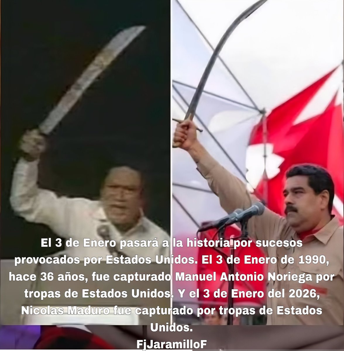 fer_jaramillo's tweet photo. El 3 de Enero pasará a la historia por sucesos provocados por Estados Unidos. El 3 de Enero de 1990, hace 36 años, fue capturado Manuel Antonio Noriega por tropas de Estados Unidos. Y el 3 de Enero del 2026, Nicolas Maduro fue capturado por tropas de Estados Unidos. https://t.co/uCrrODJzD6