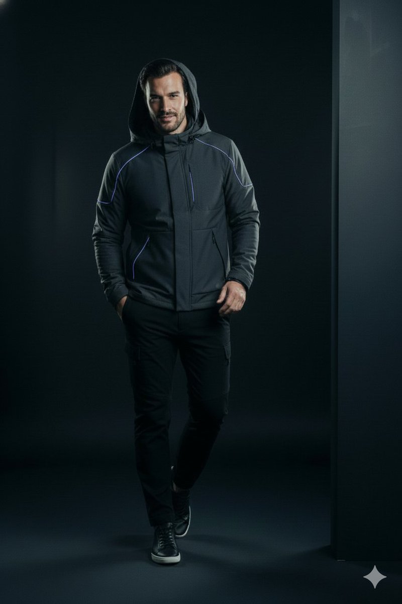 Nano Banana Pro on Gemini.

Prompt;

{
  "prompt": "Ultra-detailed futuristic portrait of a man (same proportions and facial structure as the reference), standing confidently in a modern studio. The scene feels cinematic and minimal, with a dark background that gently fades into