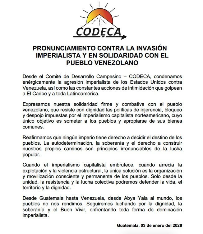 GtCodeca's tweet image. 🚨 Desde CODECA Guatemala repudiamos la invasión norteamericana y expresamos nuestra solidaridad firme y combativa con el pueblo venezolano.