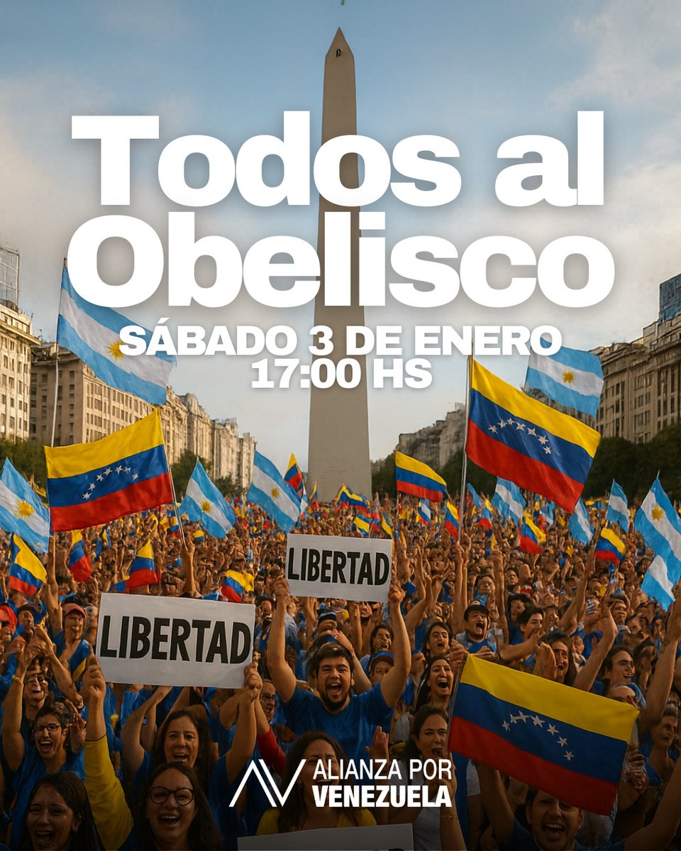 EliTrotta's tweet image. En este día histórico, el Obelisco de Buenos Aires se iluminará con nuestro tricolor. 

Nos vemos ahí a partir de las 17:00 hs para exigir el inicio de la transición a la democracia, tal y como decidimos los venezolanos en las urnas el 28J.

Viva Venezuela libre.