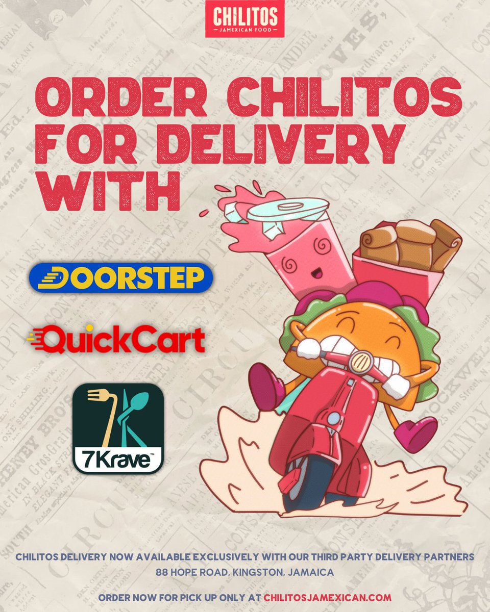 Get Chilitos delivered to your doorstep with @7krave, <a href="/quickcartja/">QuickCart (formerly QuickPlate)</a> and @doorstep_jamaica 🏍️💨

Please note that delivery through chilitosjamexican.com is no longer available. All delivery orders must be placed through our third party delivery partners. #ChilitosJamexican