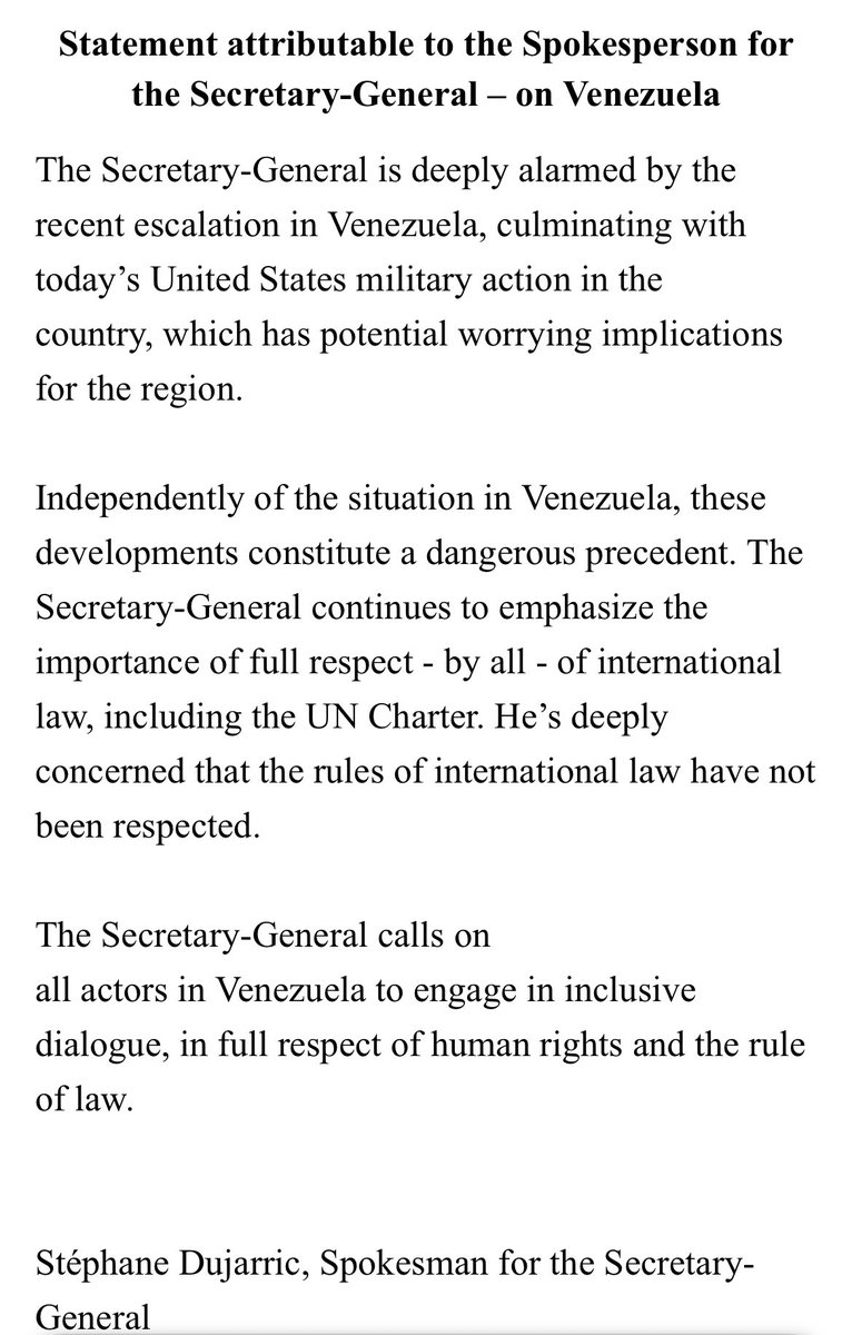 🔴URGENTE. El Secretario General de la ONU considera que la acción militar de Estados Unidos en #Venezuela sienta un "peligroso precedente"
"Le preocupa profundamente que no se hayan respetado las normas del derecho internacional"
<a href="/antonioguterres/">António Guterres</a>