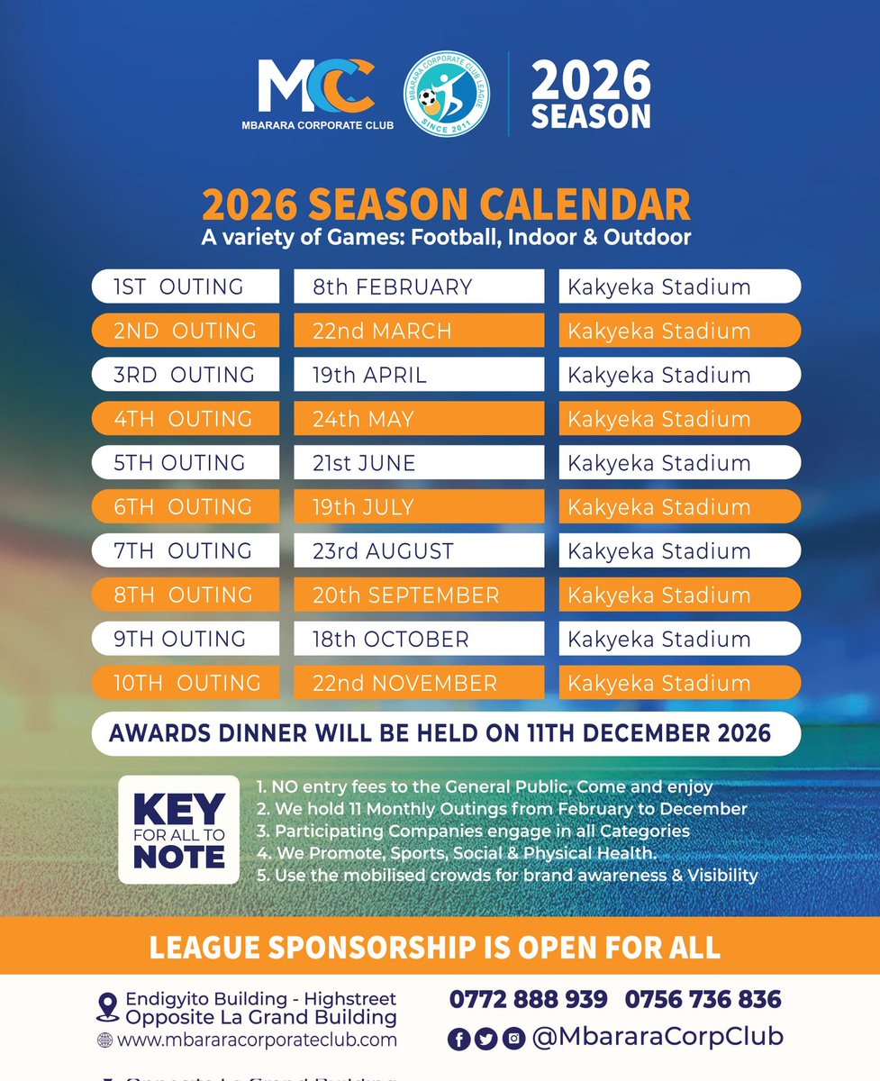🚨ALERT🚨 
 🚨🚨🚨 change in the opening date for the  mbarara corporate outing 2026.
This is to extend awareness to all business personnels and companies that the date has been changed from 22nd Feb to 8th Feb .
Thank you for your continuous support to mbarara corporate club.